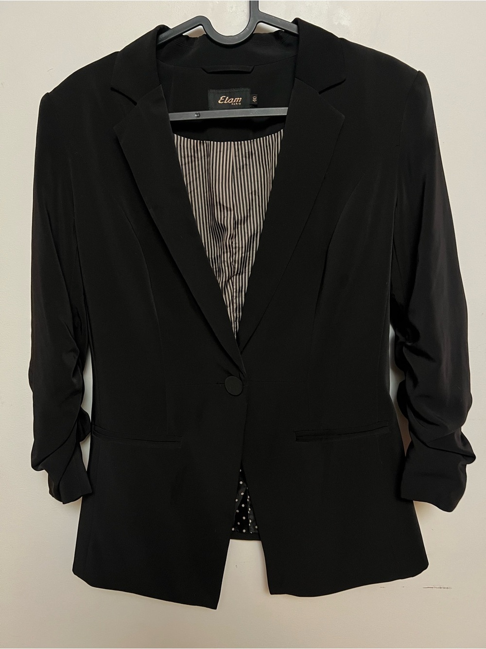 Etam Paris Black Ruched Sleeve Blazer – Size 40 (M)